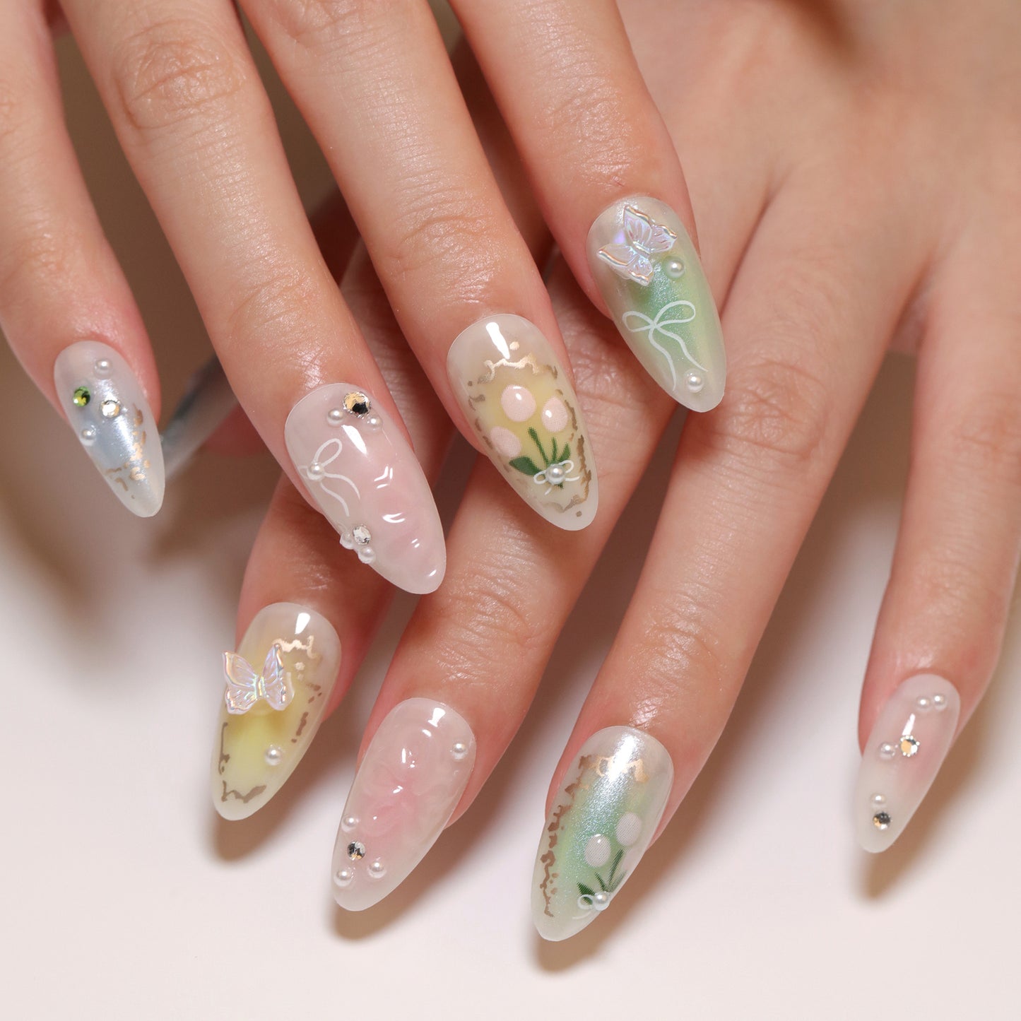 Whimsical Garden Long Almond Multicolor Press On Nail Set with Floral and Gemstone Accents