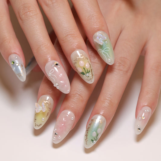 Whimsical Garden Long Almond Multicolor Press On Nail Set with Floral and Gemstone Accents