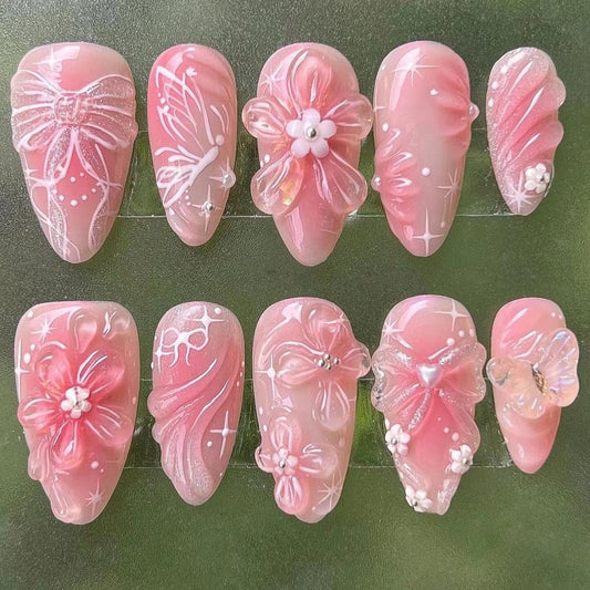 Enchanting Blossom Dream Short Almond Pink Decorative Floral Nail Press Set
