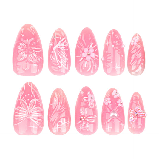 Cherubic Blossom Glamour Press On Nail Set in Short Almond Shaped Shimmering Pink with Intricate Floral Designs