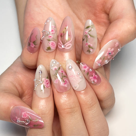 Enchanted Garden Medium Almond Pink Floral Press On Nail Set with 3D Embellishments