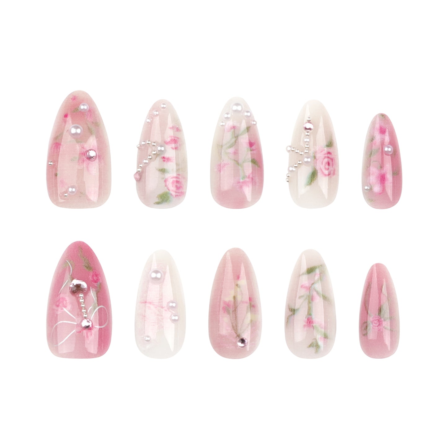 Enchanted Garden Medium Almond Pink Floral Press On Nail Set with 3D Gem Accents
