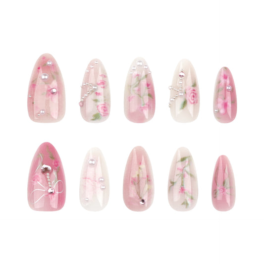 Enchanted Garden Medium Almond Pink Floral Press On Nail Set with 3D Gem Accents