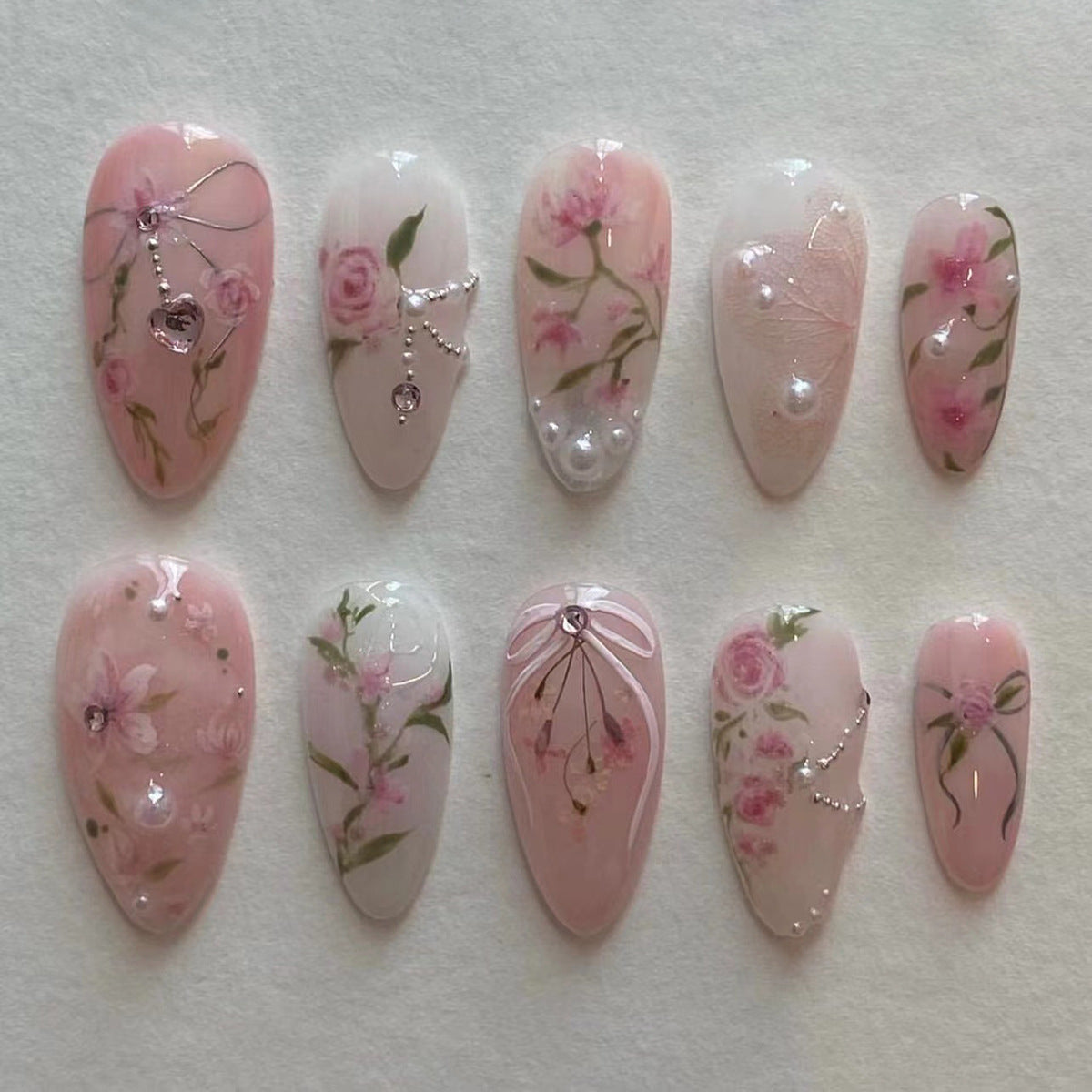 Enchanted Garden Medium Almond Blush Pink Press On Nail Set with 3D Charms and Floral Embellishments