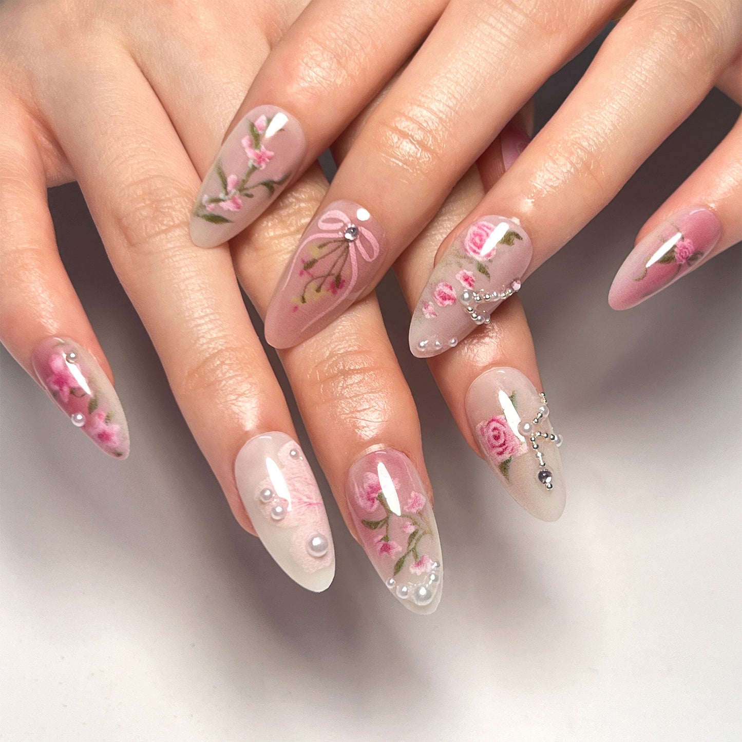 Enchanted Garden Medium Almond Pink Floral Press On Nail Set with Rhinestone Accents and 3D Embellishment