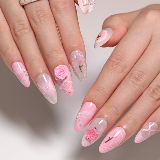 Romantic Garden Press On Nail Set Medium Almond Pink with 3D Floral Accents and Pearls