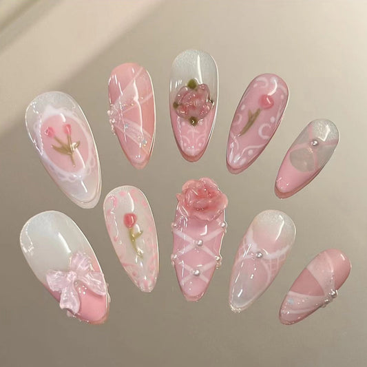 Elegant Blossom Dream Medium Almond Pink Press On Nail Set with Floral and Pearl Accents