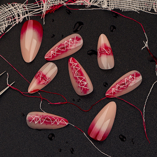 Crimson Seduction Long Almond Gradient Red Fake Nail Set with White Laced Design