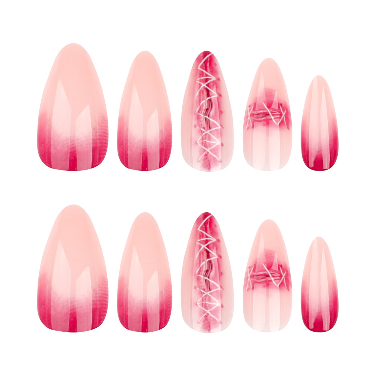 Enchanted Elegance Long Almond Pink Ombre Press-on Nail Set with Laced Design Feature
