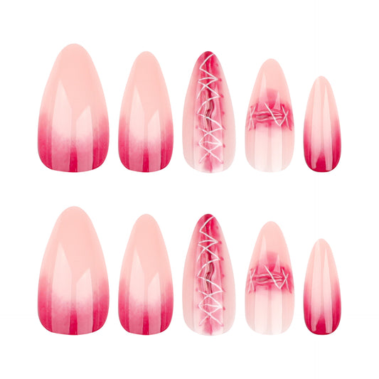 Enchanted Elegance Long Almond Pink Ombre Press-on Nail Set with Laced Design Feature