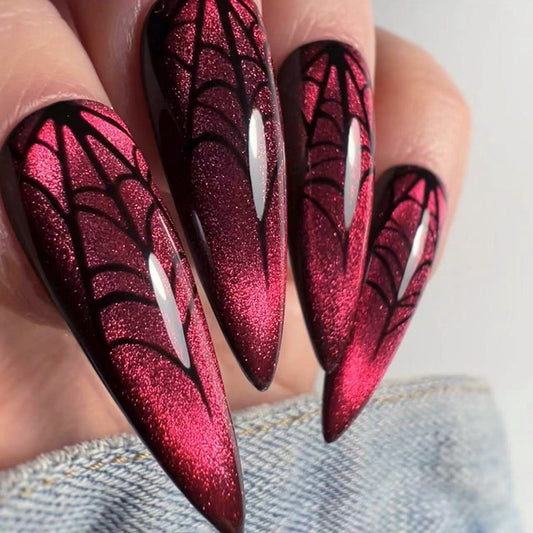 Gothic Glamour Long Almond Burgundy Glitter Press-On Nails with Spider Web Design