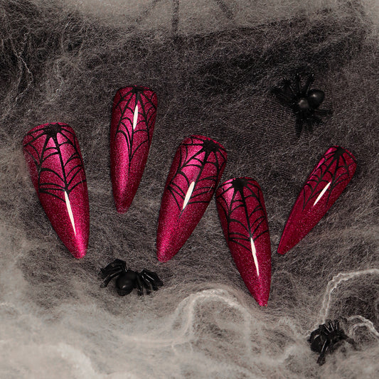 Gothic Elegance Extra Long Almond Burgundy Press On Nails with Black Web Design