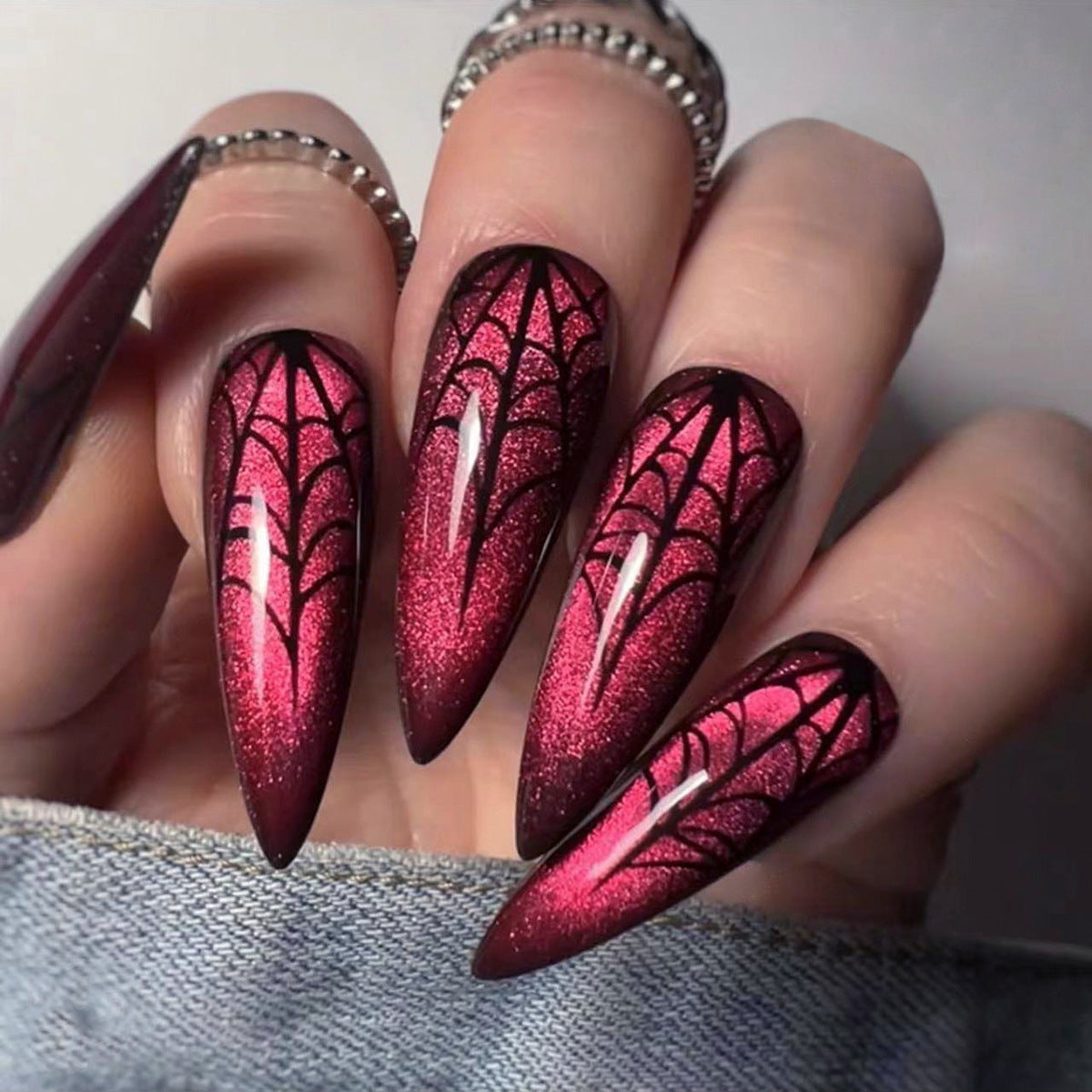 Enchanted Forest Long Almond Burgundy Glitter Press On Nail Set with Black Web Design
