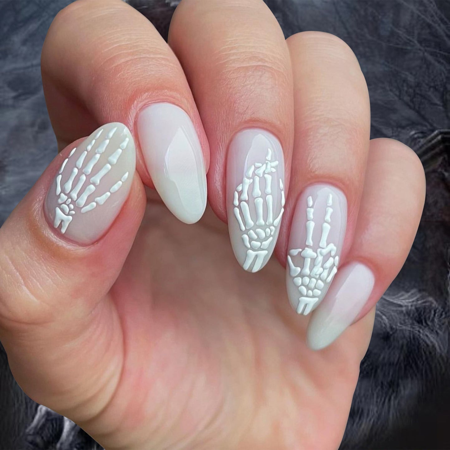 Mystical Skeleton Dance Long Almond White Press On Nail Set with 3D Bone Design
