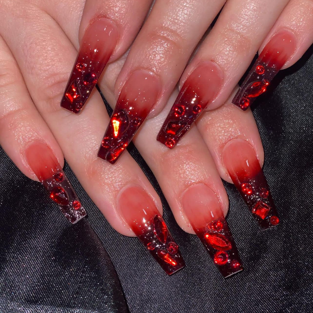 Vampire Elegance Long Coffin Shaped Deep Red Press On Nail Set with Sparkling Gem Accents