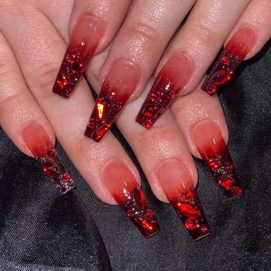 Vampire Elegance Long Coffin Shaped Deep Red Press On Nail Set with Sparkling Gem Accents