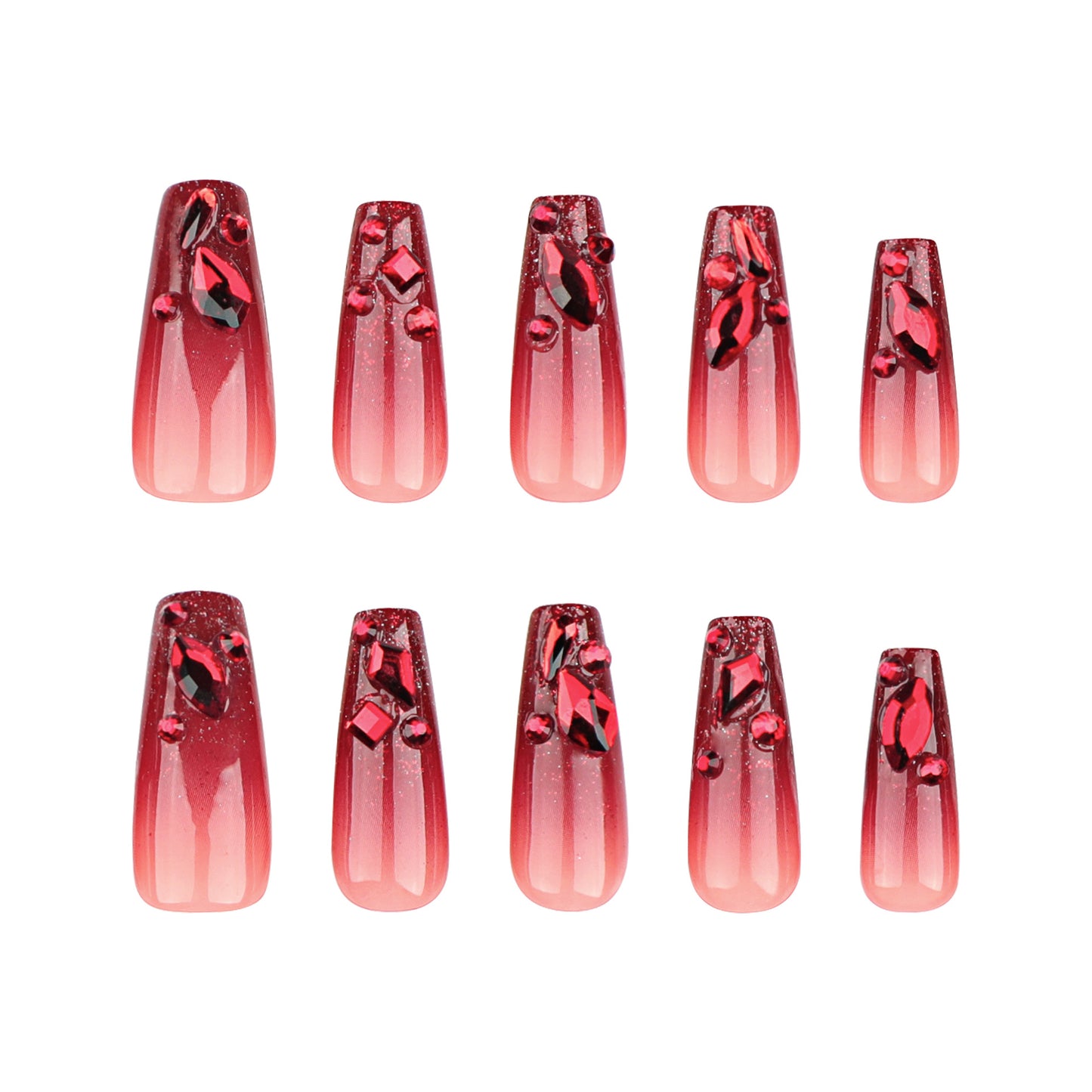 Glamorous Gala Long Coffin Ombre Red Press On Nail Set with Rhinestone Accents