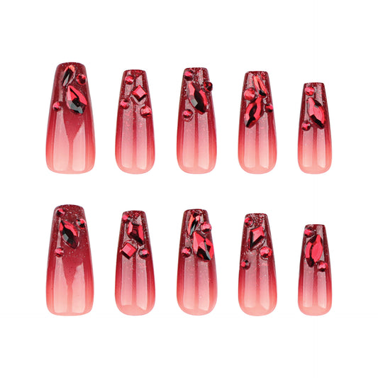 Glamorous Gala Long Coffin Ombre Red Press On Nail Set with Rhinestone Accents