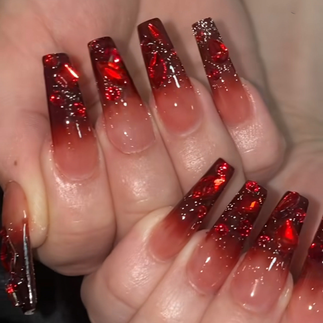Elegant Ruby Sparkle Long Coffin Red Press On Nail Set with Glitter Accents