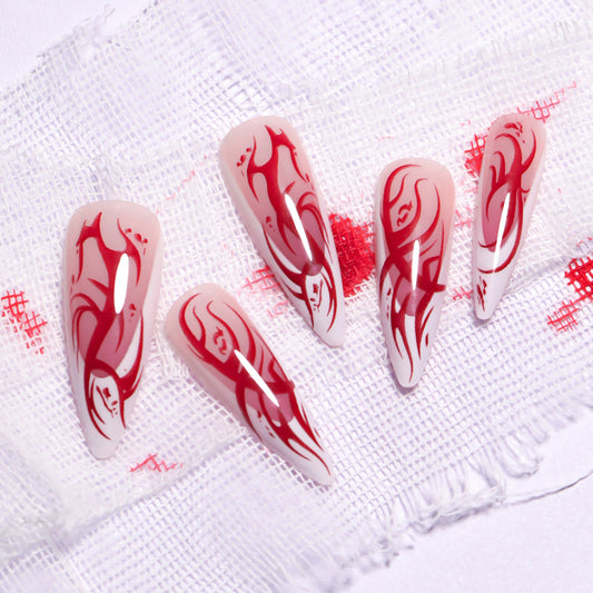 Vampire Elegance Long Stiletto White and Red Swirl Press On Nail Set with Blood Splatter Design