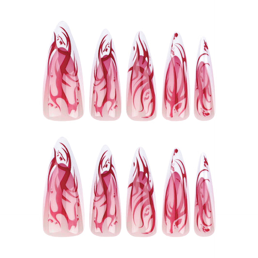 Romantic Swirl Collection Long Stiletto Shape Pink Marble Press On Nail Set with Glossy Finish