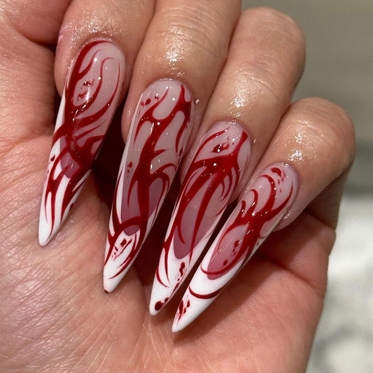 Vampire Elegance Extra Long Stiletto Marbled Red and White Press On Nail Set with Swirl Design