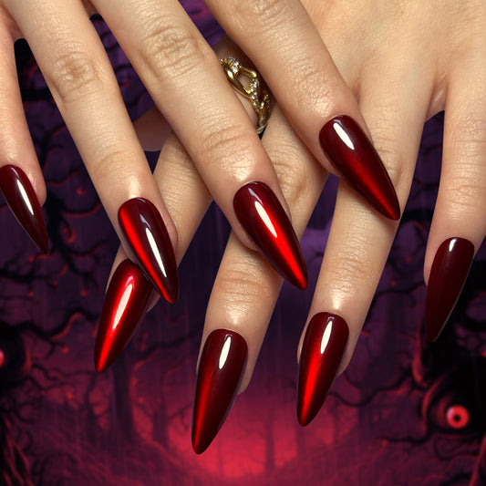 Gothic Elegance Long Stiletto Deep Red Press On Nail Set with High Gloss Finish