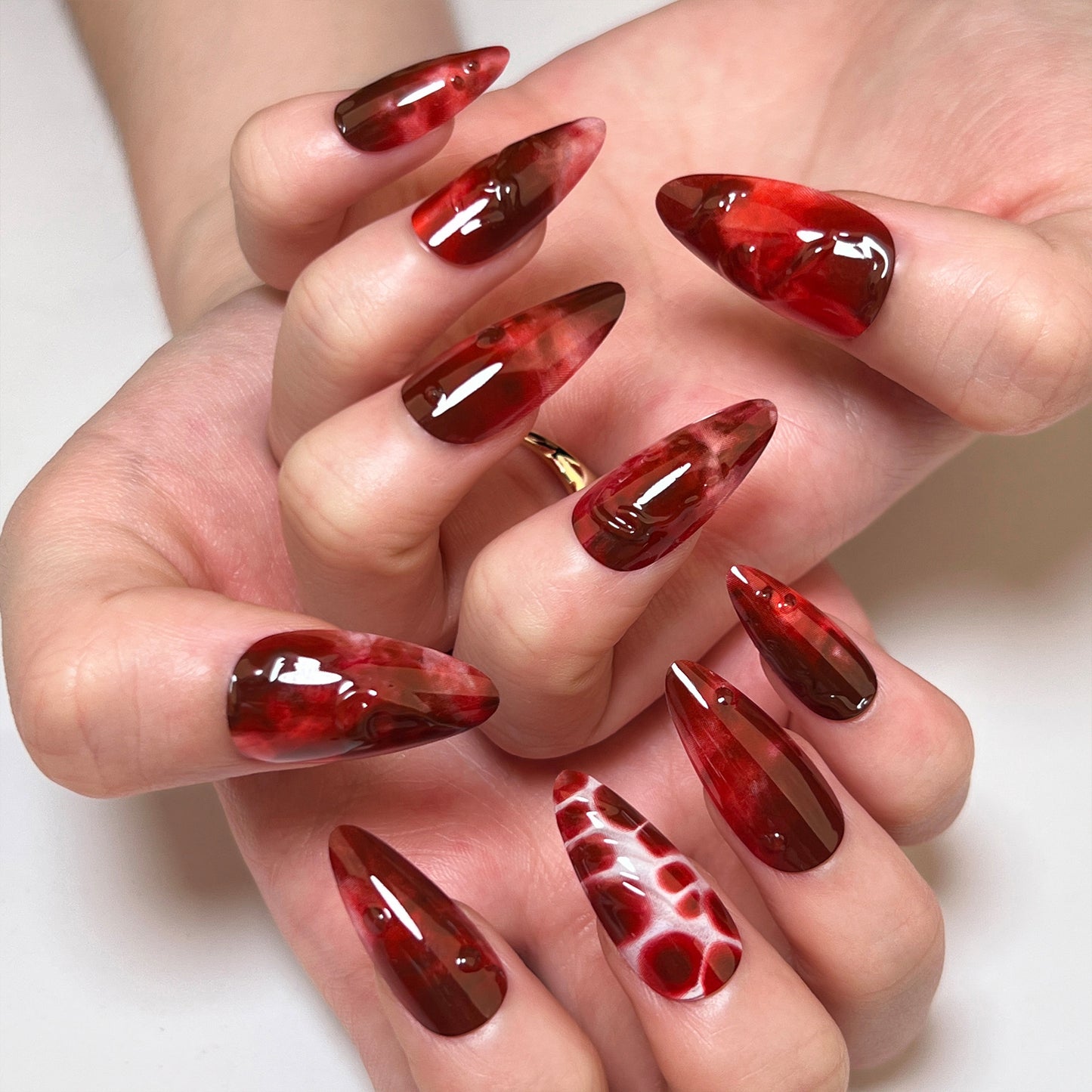 Vampire Elegance Medium Almond Maroon Press On Nail Set with Blood Splatter Design