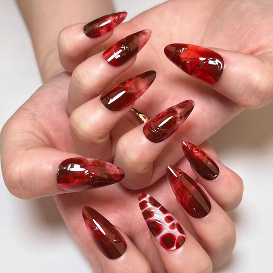 Vampire Elegance Medium Almond Maroon Press On Nail Set with Blood Splatter Design