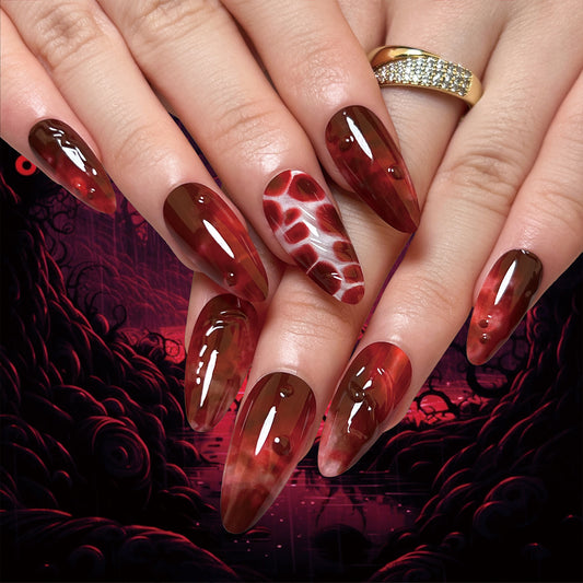 Enchanted Ember Medium Almond Marbled Red Press On Nail Set with Swirl Accents