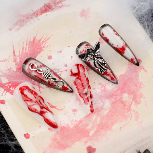 Gothic Elegance Long Stiletto Blood Red Press on Nails with Silver Accents and 3D Embellishments