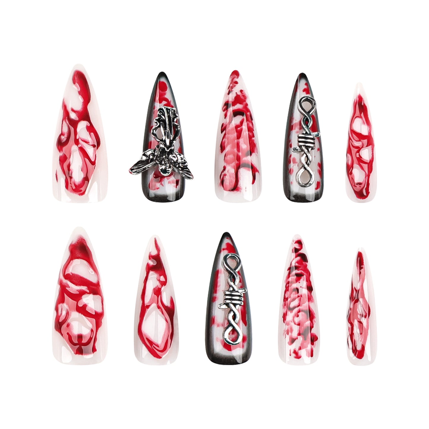Vampire Elegance Long Stiletto Red and White Marbled Press On Nail Set with Gothic Charms Feature
