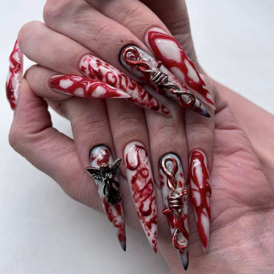 Mystic Vampire Elegance Extra Long Stiletto Press On Nails in Blood Red with Swirling Marble Design and Gothic Charms
