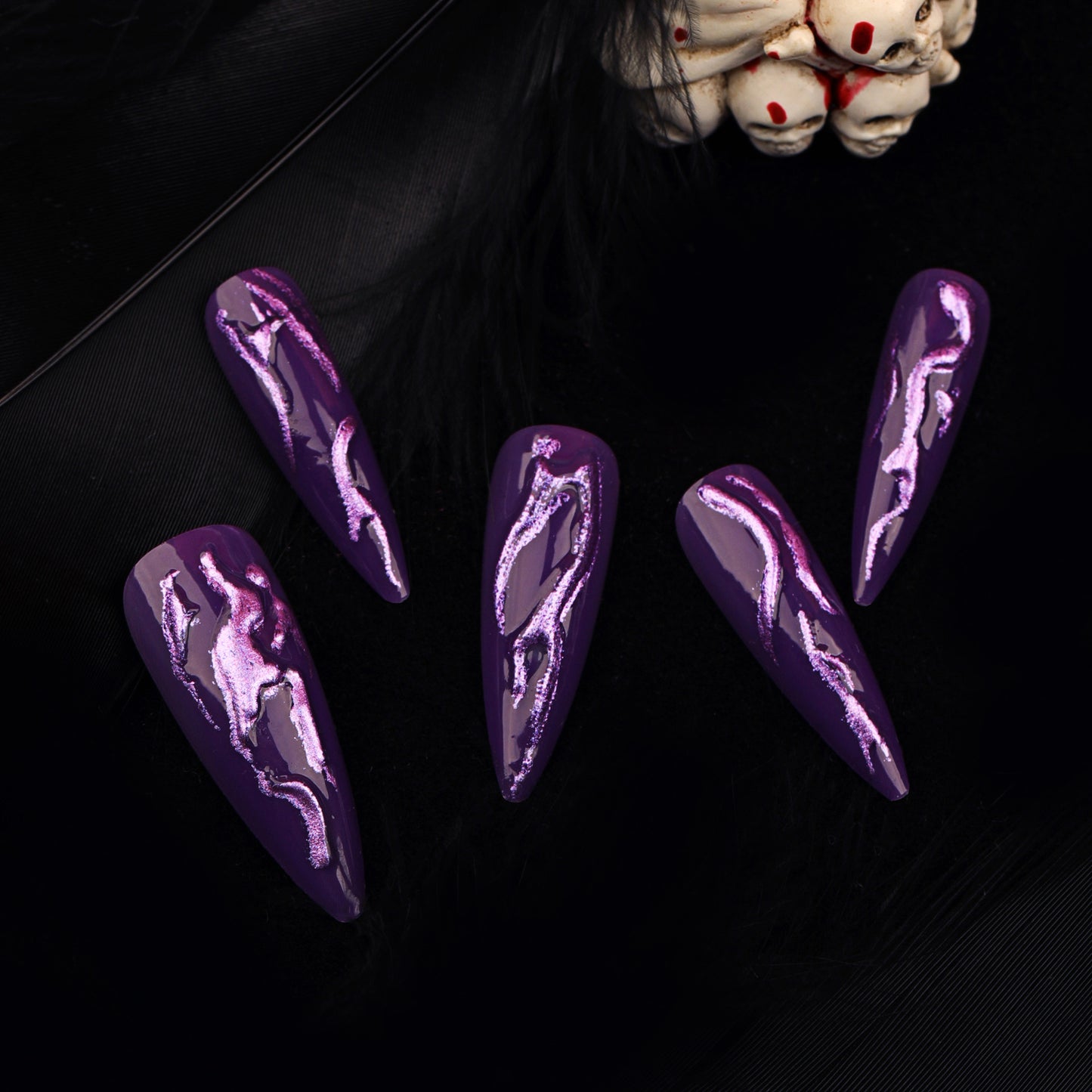 Enchanted Evening Long Stiletto Purple Press On Nail Set with Iridescent Wave Design