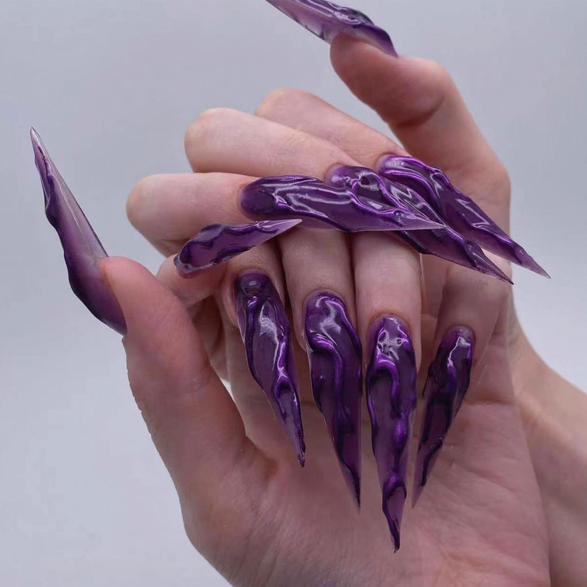 Mystical Elegance Long Stiletto Purple Press On Nails with Edgy Drip Design for Statement Glam Look