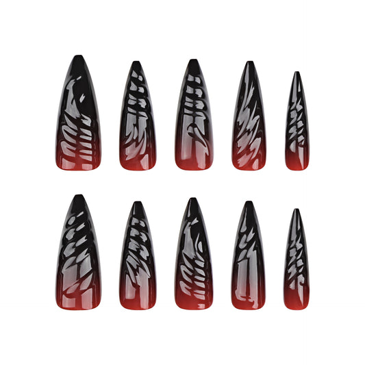 Mystical Flames Long Stiletto Ombre Black to Red Press On Nails with Winged Art Design