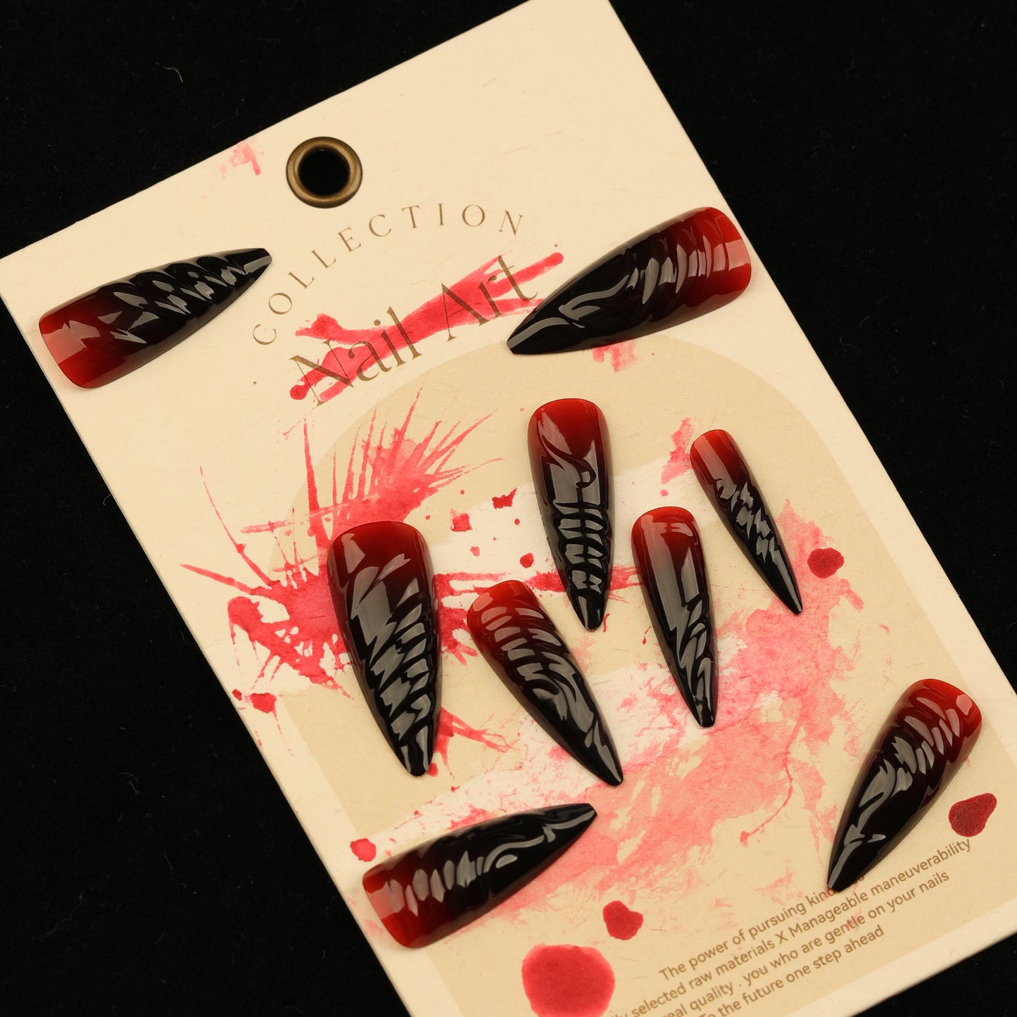 Gothic Glamour Extra Long Stiletto Black and Red Ombre Press On Nails with Abstract Wing Design