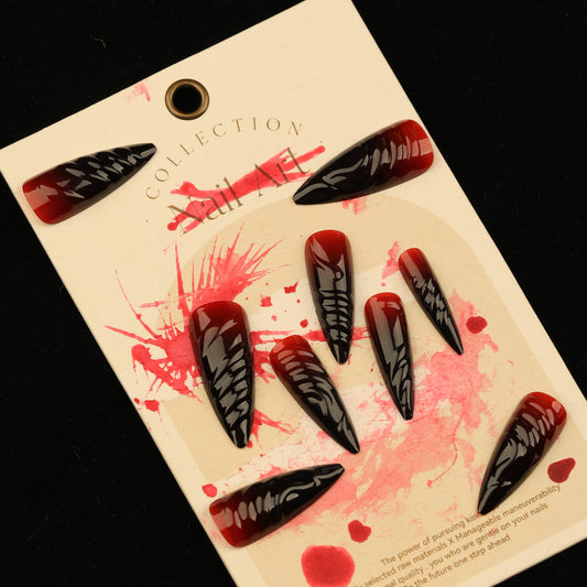 Gothic Glamour Extra Long Stiletto Black and Red Ombre Press On Nails with Abstract Wing Design