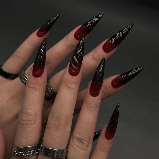 Gothic Glamour Extra Long Stiletto Burgundy and Black Ombre Press on Nails with Intricate Swirl Accents