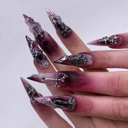Gothic Elegance Long Stiletto Black and Silver Press On Nails with 3D Skull Charms