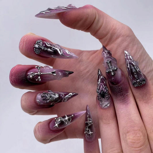 Gothic Glamour Extra Long Stiletto Purple Press on Nails with Silver Skull Accents and 3D Cross Charms