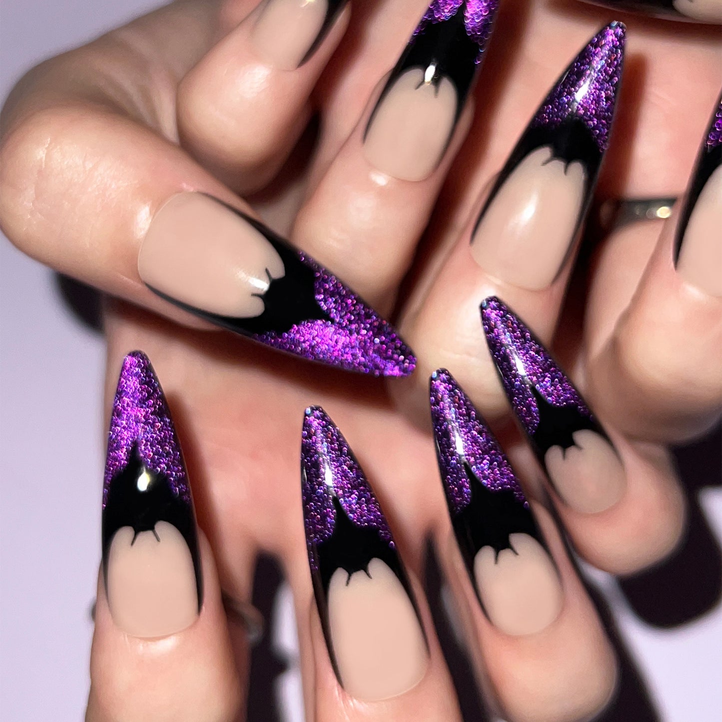 Mystical Midnight Stiletto Extra Long Press On Nail Set, Purple Glitter & Black Ombre with Bat Silhouette Design