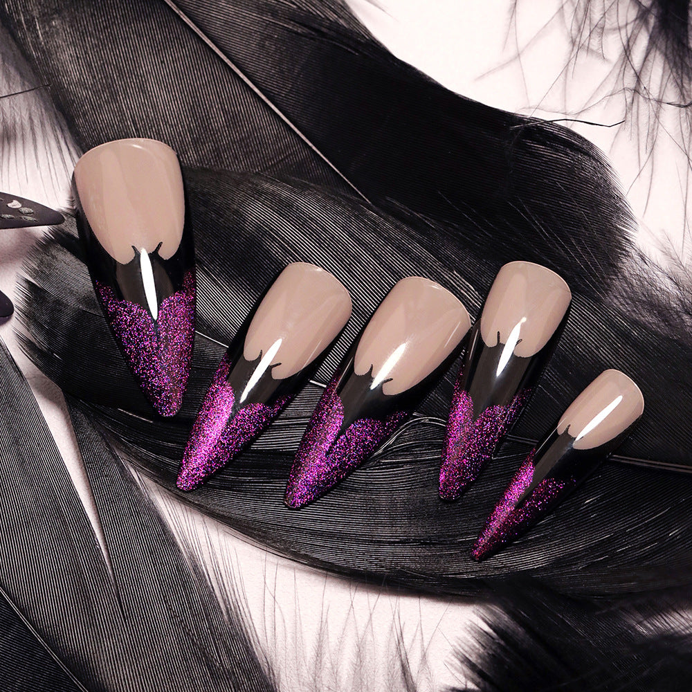 Mystic Midnight Glamour Long Stiletto Black and Purple Glitter Drip Press On Nail Set