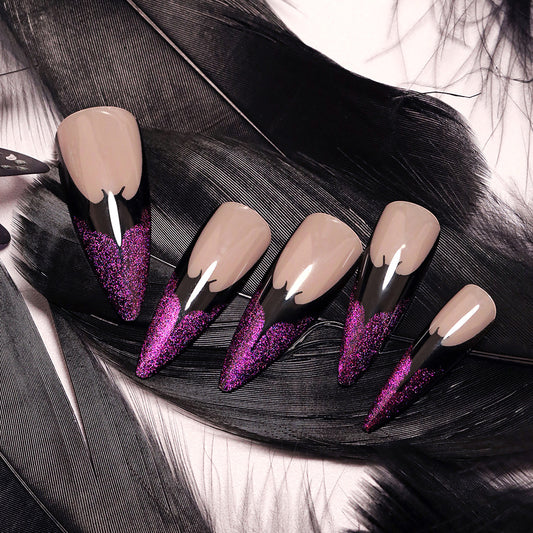 Mystic Midnight Glamour Long Stiletto Black and Purple Glitter Drip Press On Nail Set