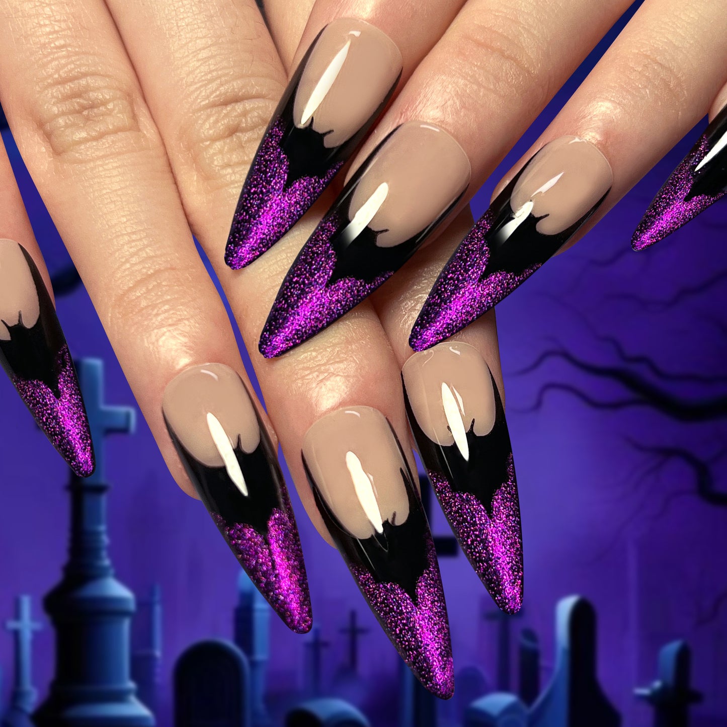 Gothic Glamour Extra Long Stiletto Press On Nails in Beige with Black Accents and Shimmering Purple Glitter Detail