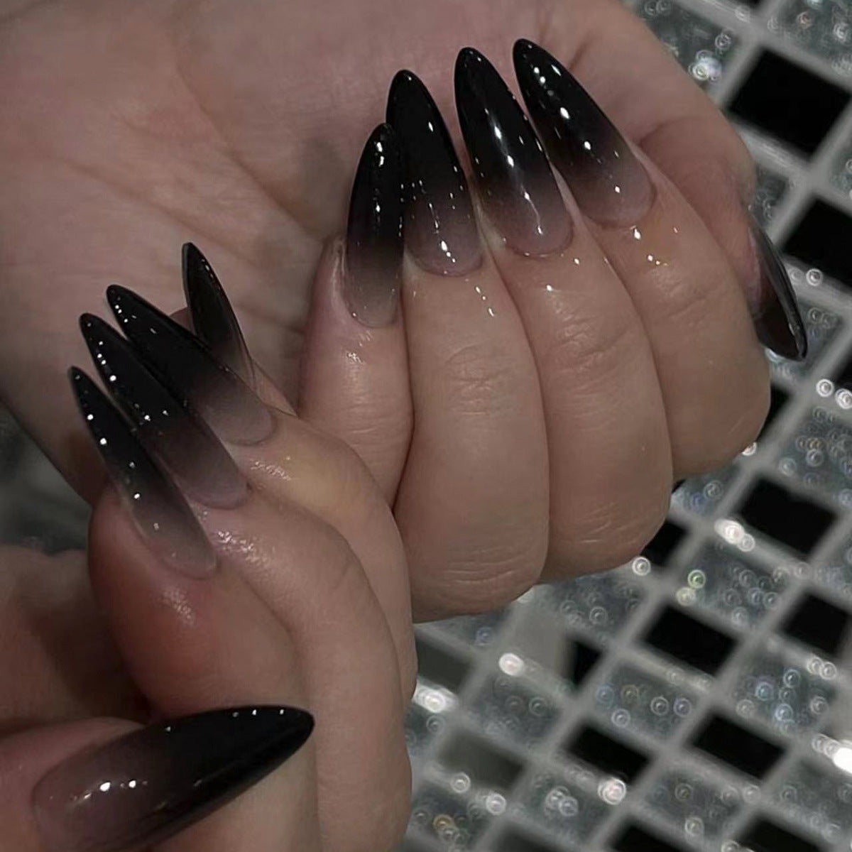 Midnight Magic Extra Long Almond Black Ombre Glitter Press On Nail Set