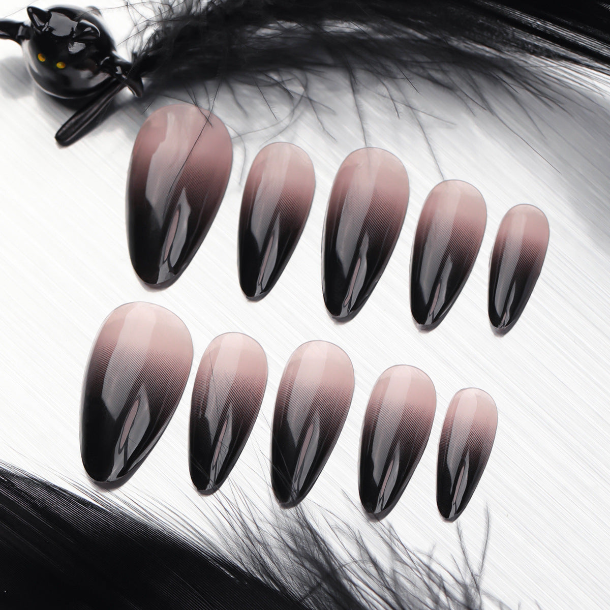 Mystic Ombre Long Almond Black to Transparent Gradient Press On Nail Set with Sleek Glossy Finish