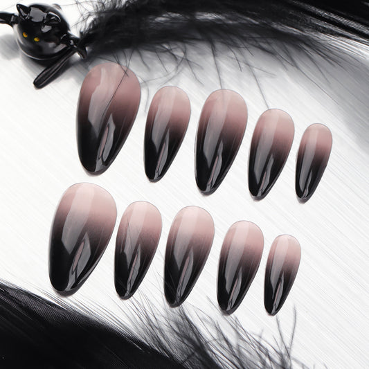 Mystic Ombre Long Almond Black to Transparent Gradient Press On Nail Set with Sleek Glossy Finish