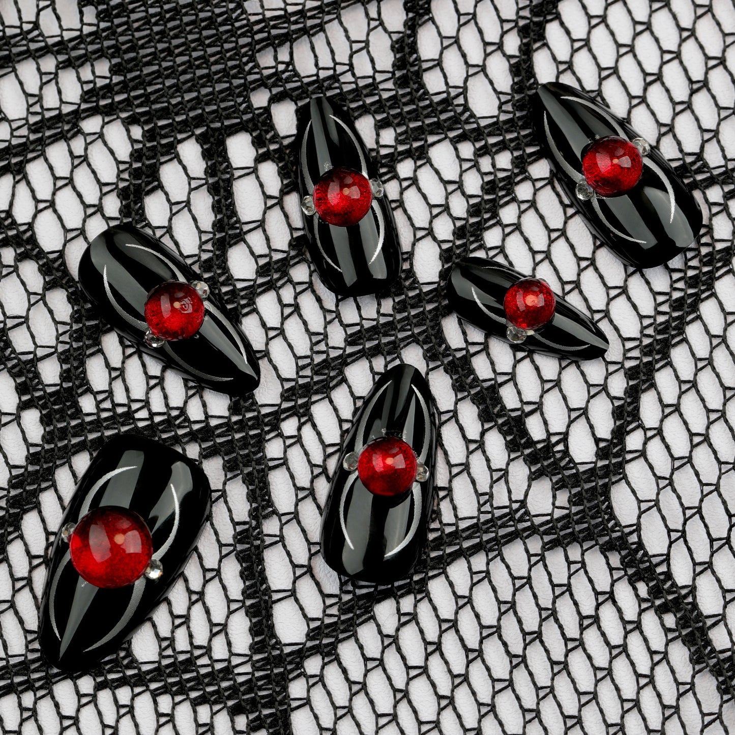 Gothic Glamour Extra Medium Almond Black Press On Nails with Red Gem Accents