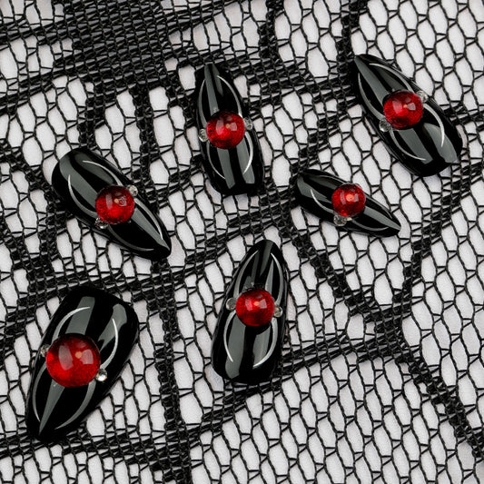 Gothic Glamour Extra Medium Almond Black Press On Nails with Red Gem Accents